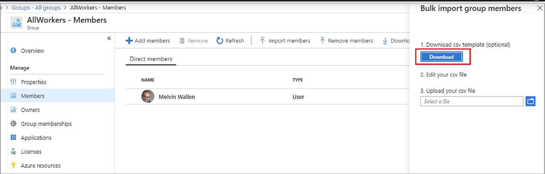 Screenshot that shows the Import Members command is on the profile page for the group.