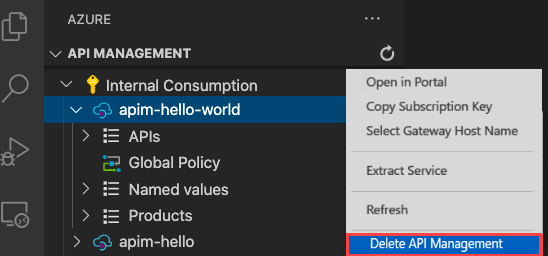 Screenshot of deleting API Management instance from Visual Studio Code.