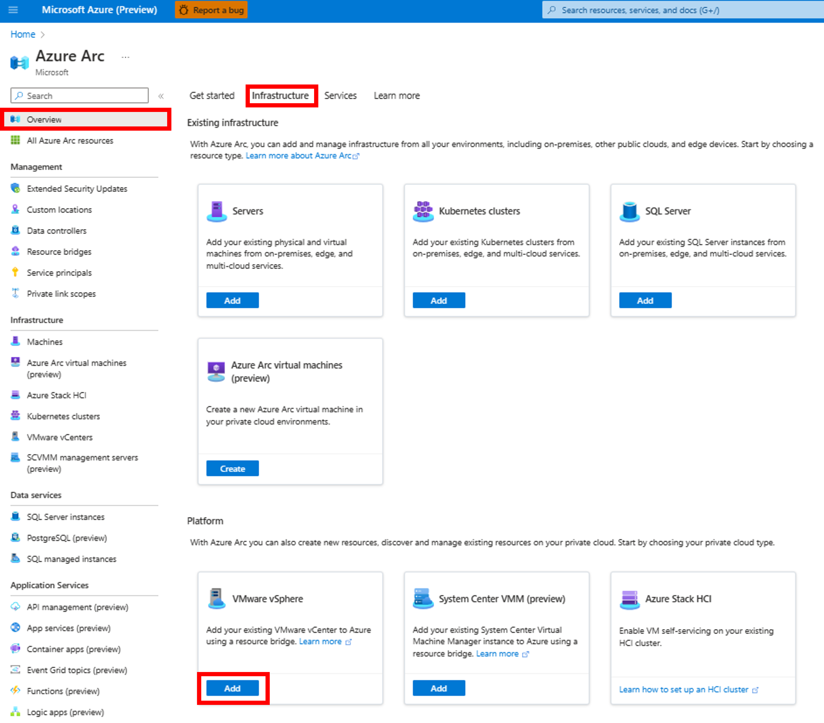 Screenshot that shows how to add VMware vCenter through Azure Arc.
