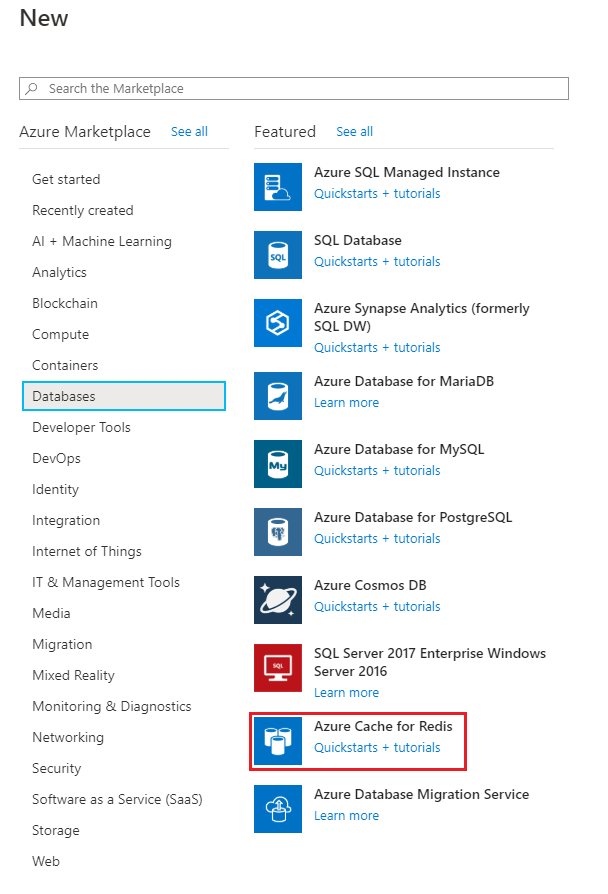 Screenshot of the Azure Marketplace with Azure Cache for Redis in the search box and create is highlighted with a red box.