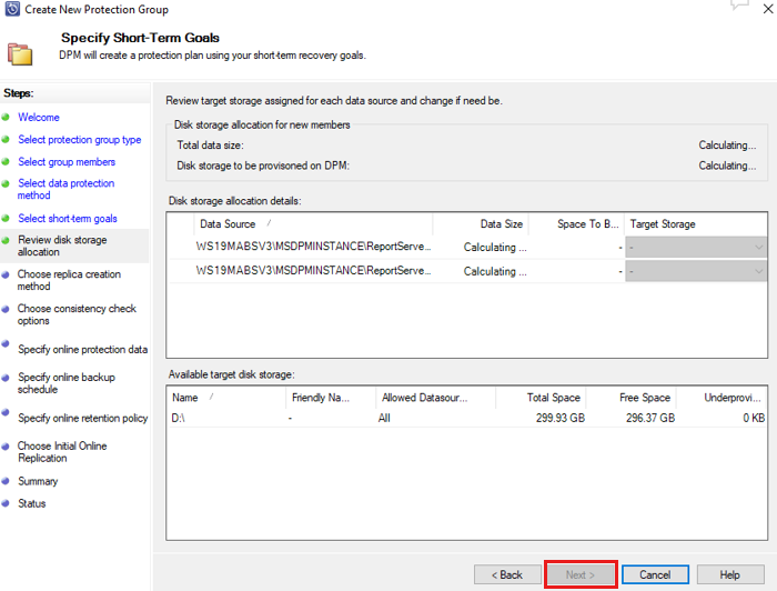 Screenshot shows how to set up disk allocation in MABS.