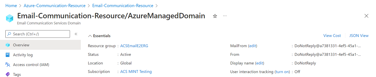 Screenshot that shows Azure Managed Domain overview page.