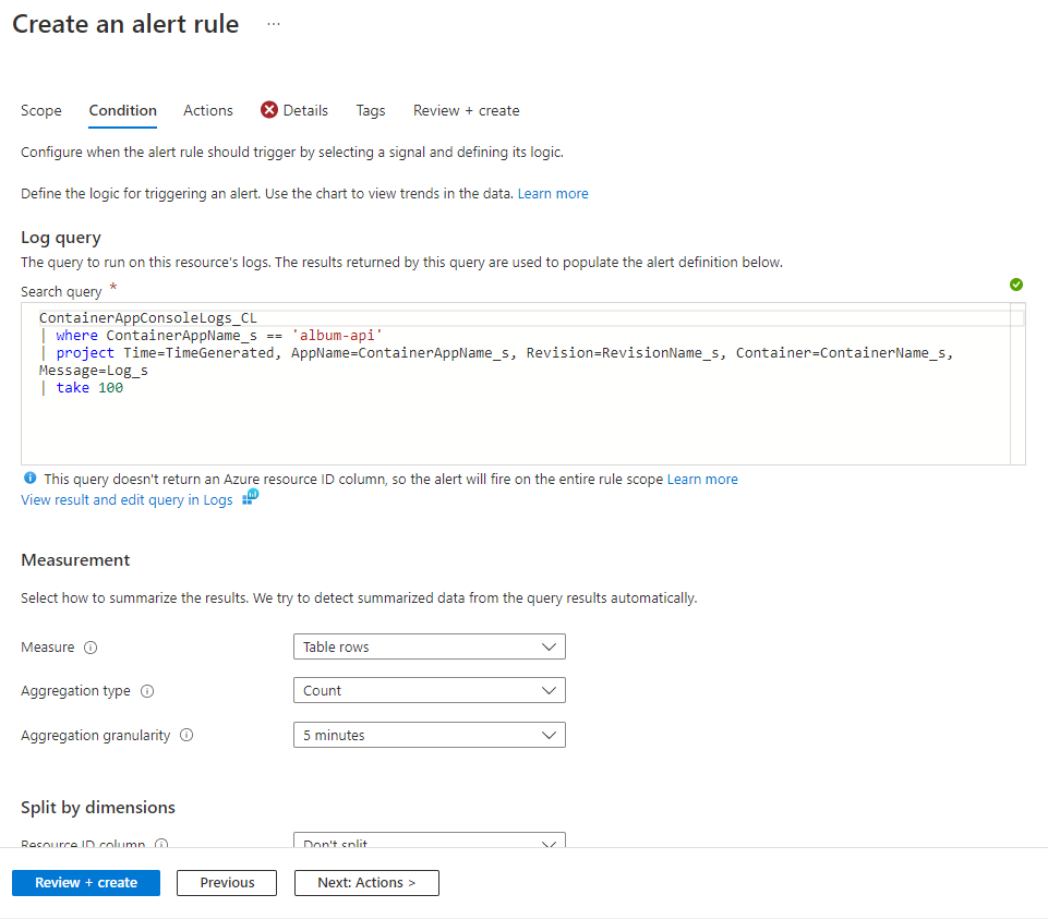 Screenshot of the Log Analytics alert rule editor.