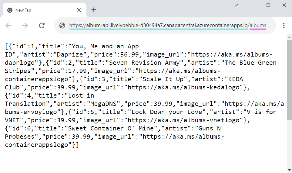 Screenshot of response from albums API endpoint.