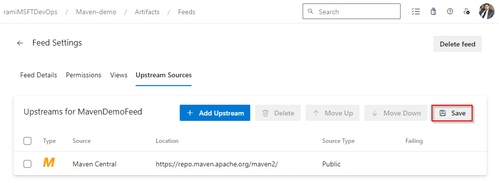 A screenshot showing how to save upstream sources.