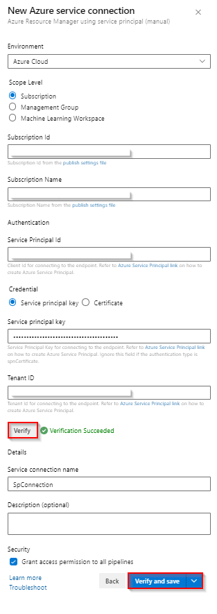 A screenshot showing how to create a new manual service principal service connection.