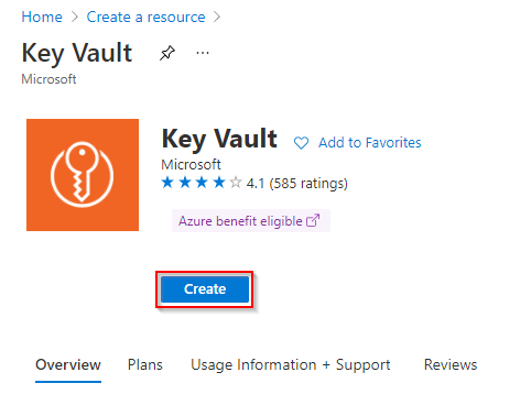 A screenshot showing how to create a new Azure Key Vault in Azure portal.