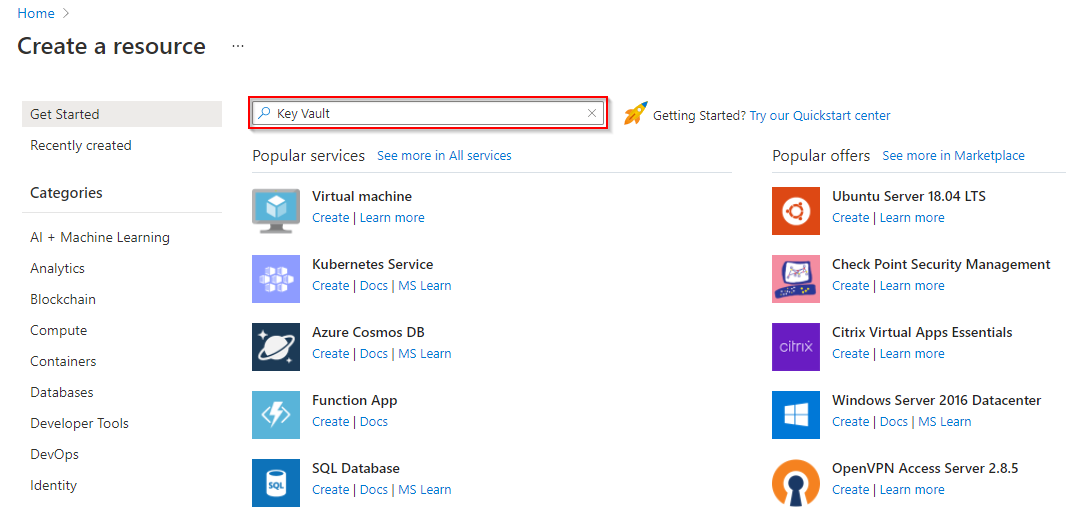 A screenshot showing how to search for Azure Key Vault in Azure portal.