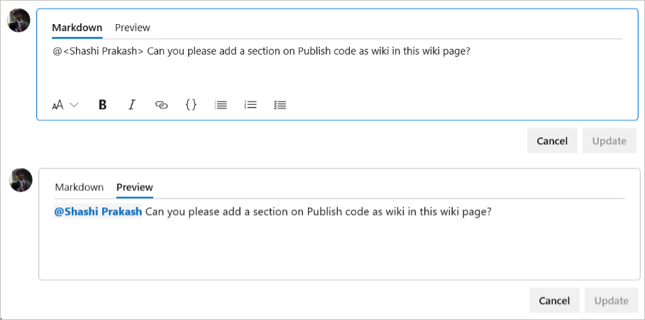 Screenshot of wiki comments in Markdown and preview tabs.