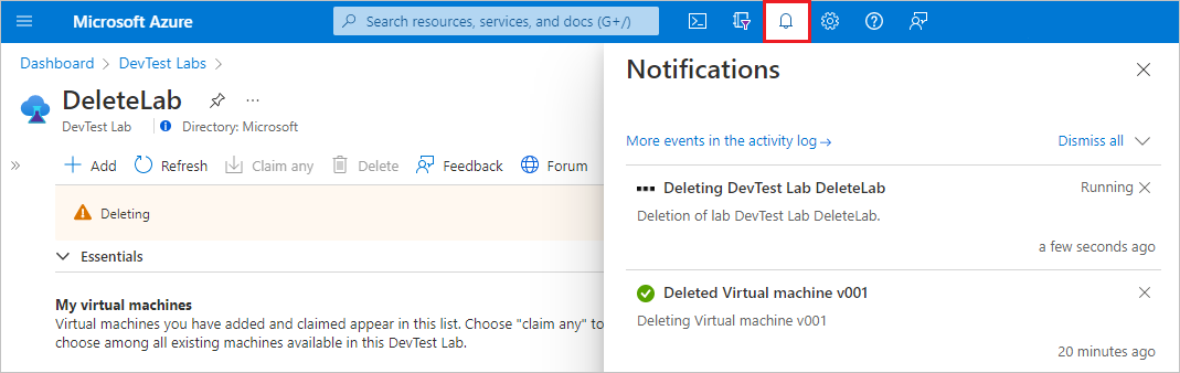 Screenshot of the Notifications icon on the Azure menu bar.