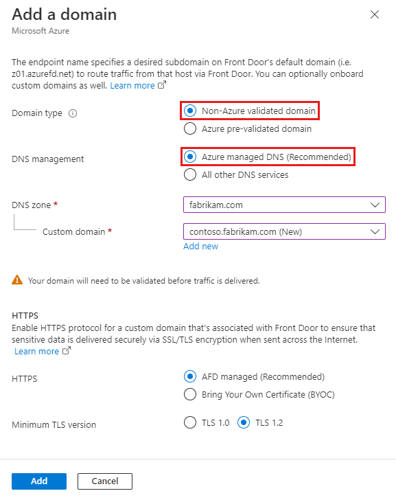 Screenshot that shows the Add a domain pane with Azure managed DNS selected.