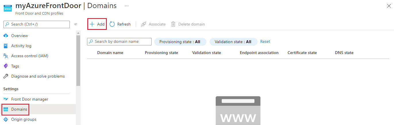 Screenshot that shows the domain configuration landing pane.