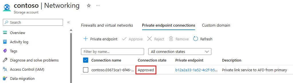 Screenshot of approved private endpoint connection from storage account.