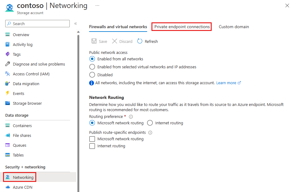 Screenshot of private endpoint connection tab under storage account networking settings.