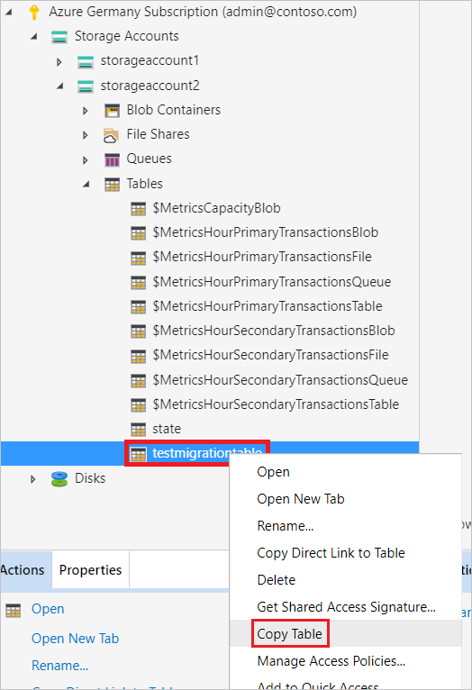 Copy table menu selected from Azure Germany subscription