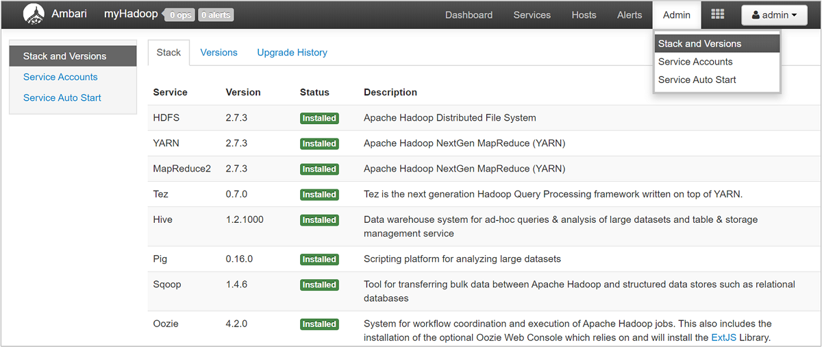 Apache Ambari admin Stack and Versions.
