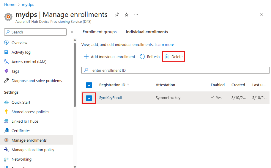 Screenshot that shows deleting an individual enrollment in the portal.