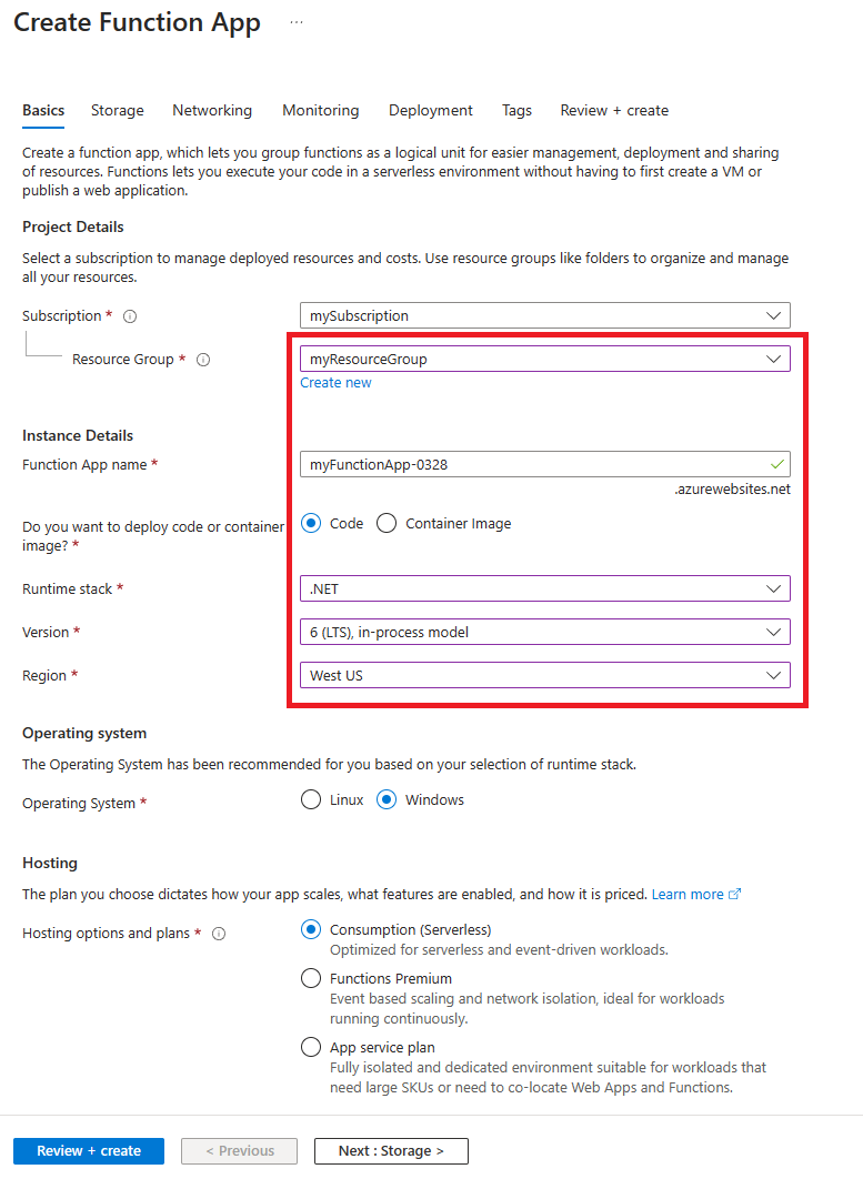 Screenshot that shows the Create Function App form in the Azure portal.