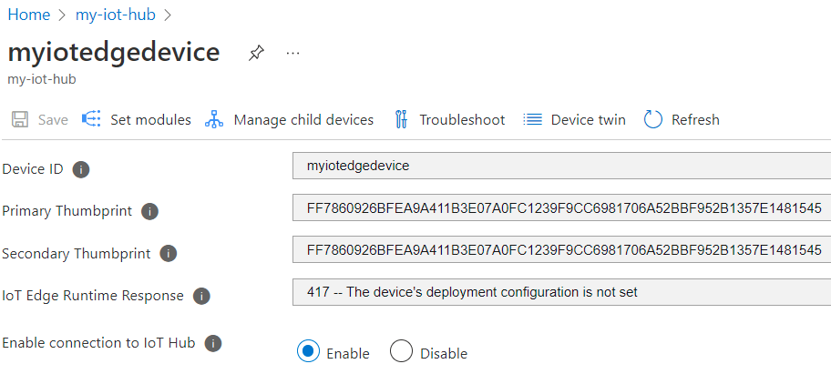 A screenshot of IoT Hub device settings in the Azure portal. Certificate thumbprints fields show values.