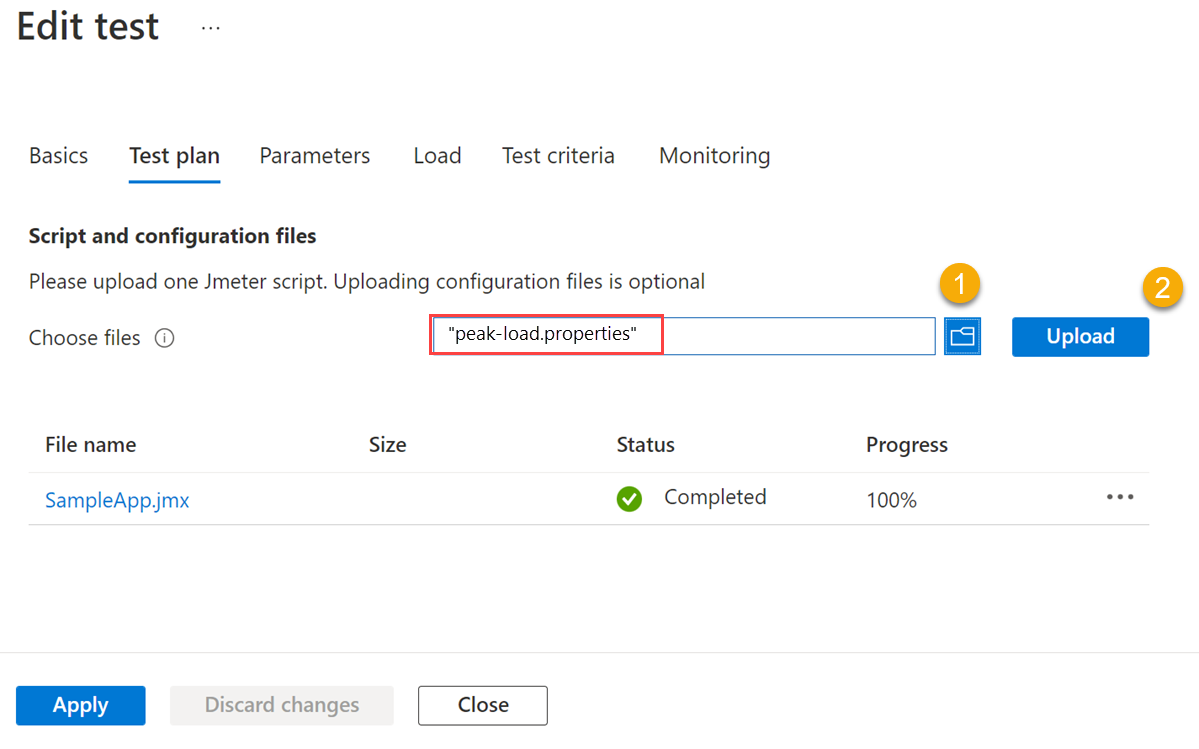 Screenshot that shows the steps to upload a user properties file on the Test plan tab on the Edit test pane.