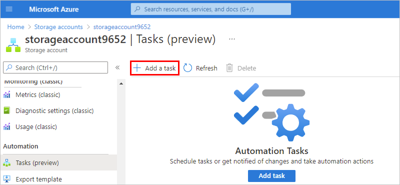Screenshot that shows the "Tasks (preview)" pane with "Add a task" selected.