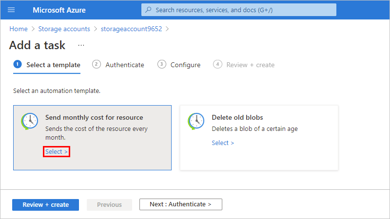 Screenshot that shows the "Add a task" pane with "Send monthly cost for resource" template selected.
