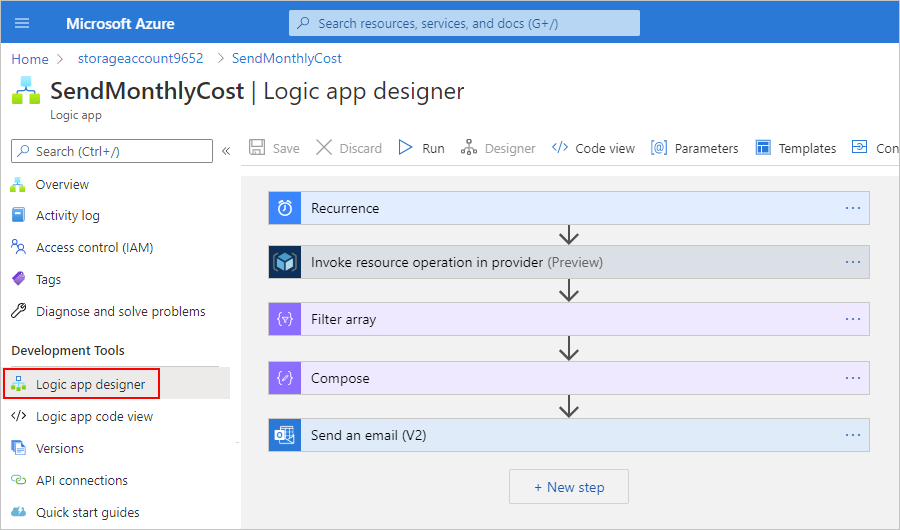 Screenshot that shows the "Logic app designer" menu option selected and designer surface with the underlying workflow.