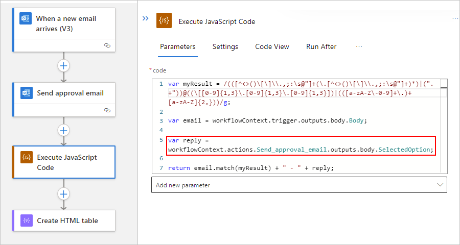 Screenshot that shows the Standard workflow and Execute JavaScript Code action with updated example code snippet.