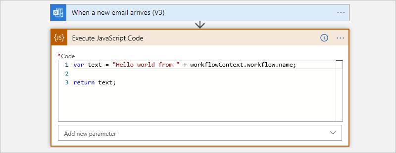Screenshot showing the Execute JavaScript Code action with default sample code.