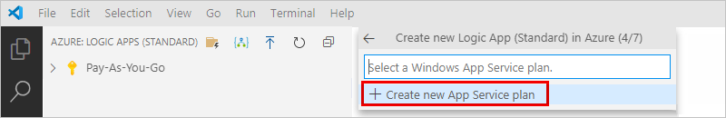 Screenshot that shows the prompt to create a name for hosting plan with "Create new App Service plan" selected.