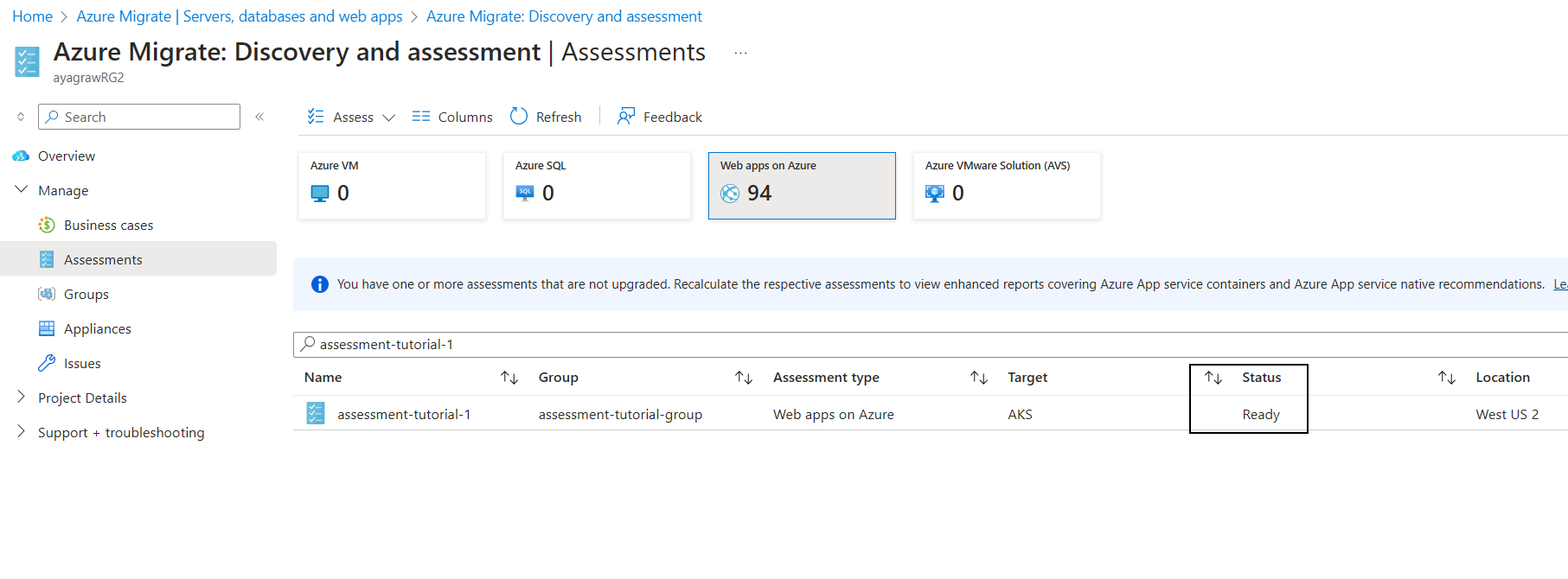 Screenshot of filtering for the created assessment.