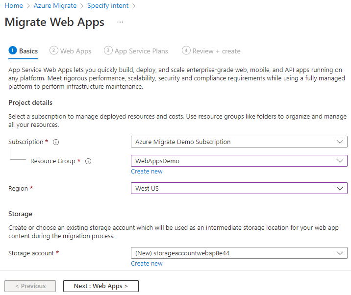Screenshot of Azure Migrate Web Apps Basics screen.