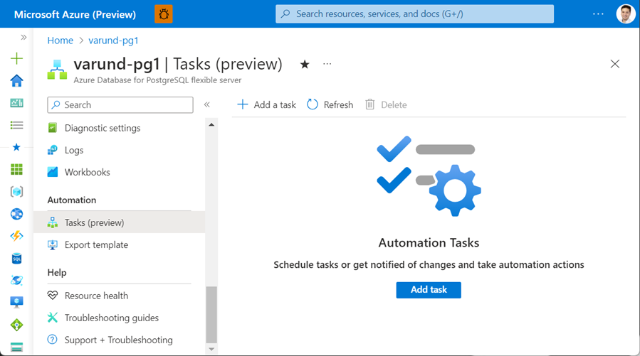 Screenshot that shows the "Tasks (preview)" pane with "Add a task" selected.