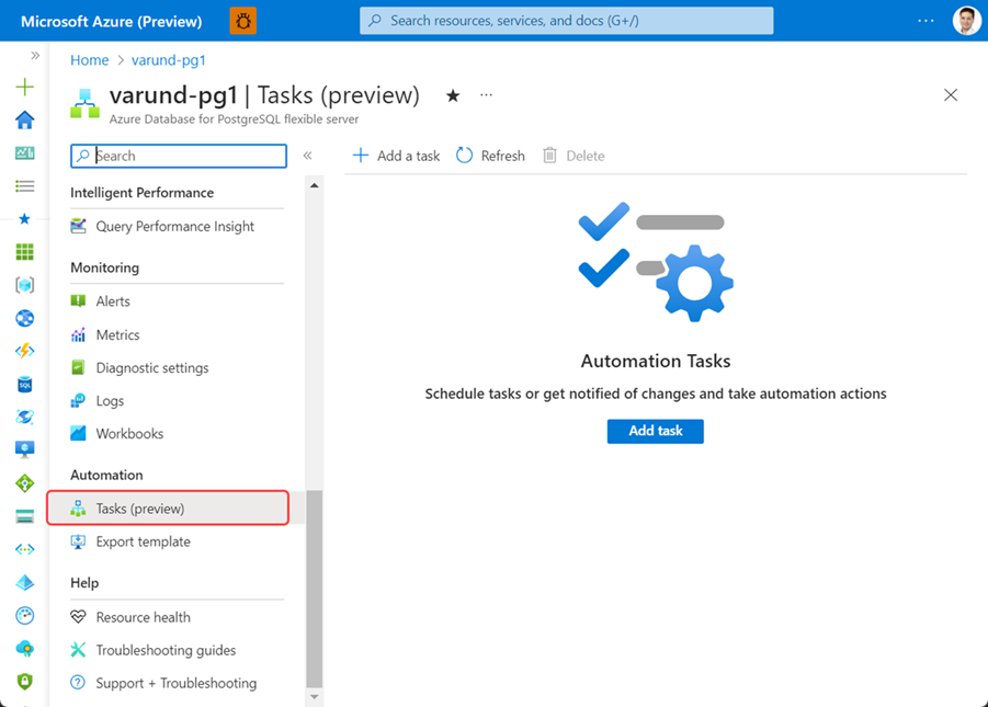 Screenshot showing Azure portal and Azure Database for PostgreSQL flexible server resource menu with "Tasks (preview)" selected.