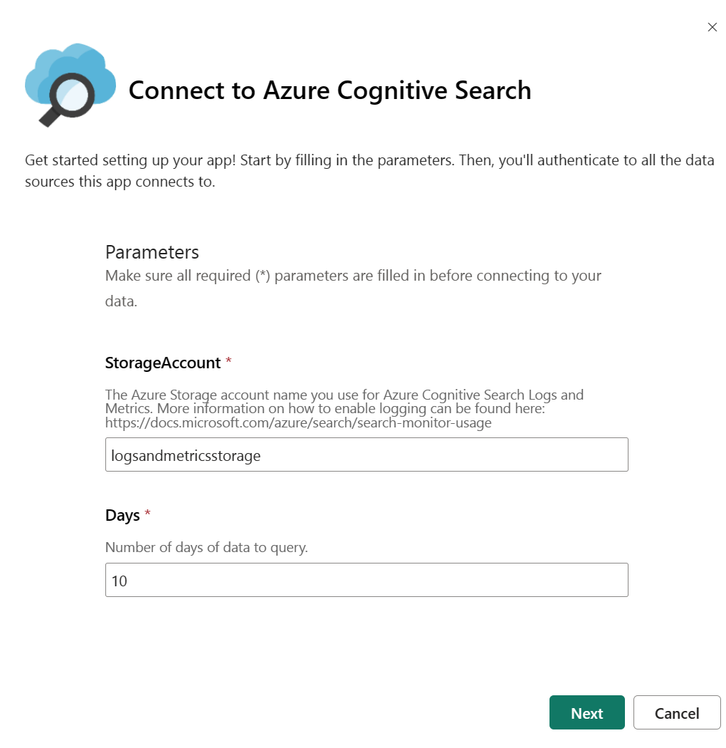 Screenshot showing how to input the storage account name and the number of days to query in the Connect to Azure Cognitive Search page.