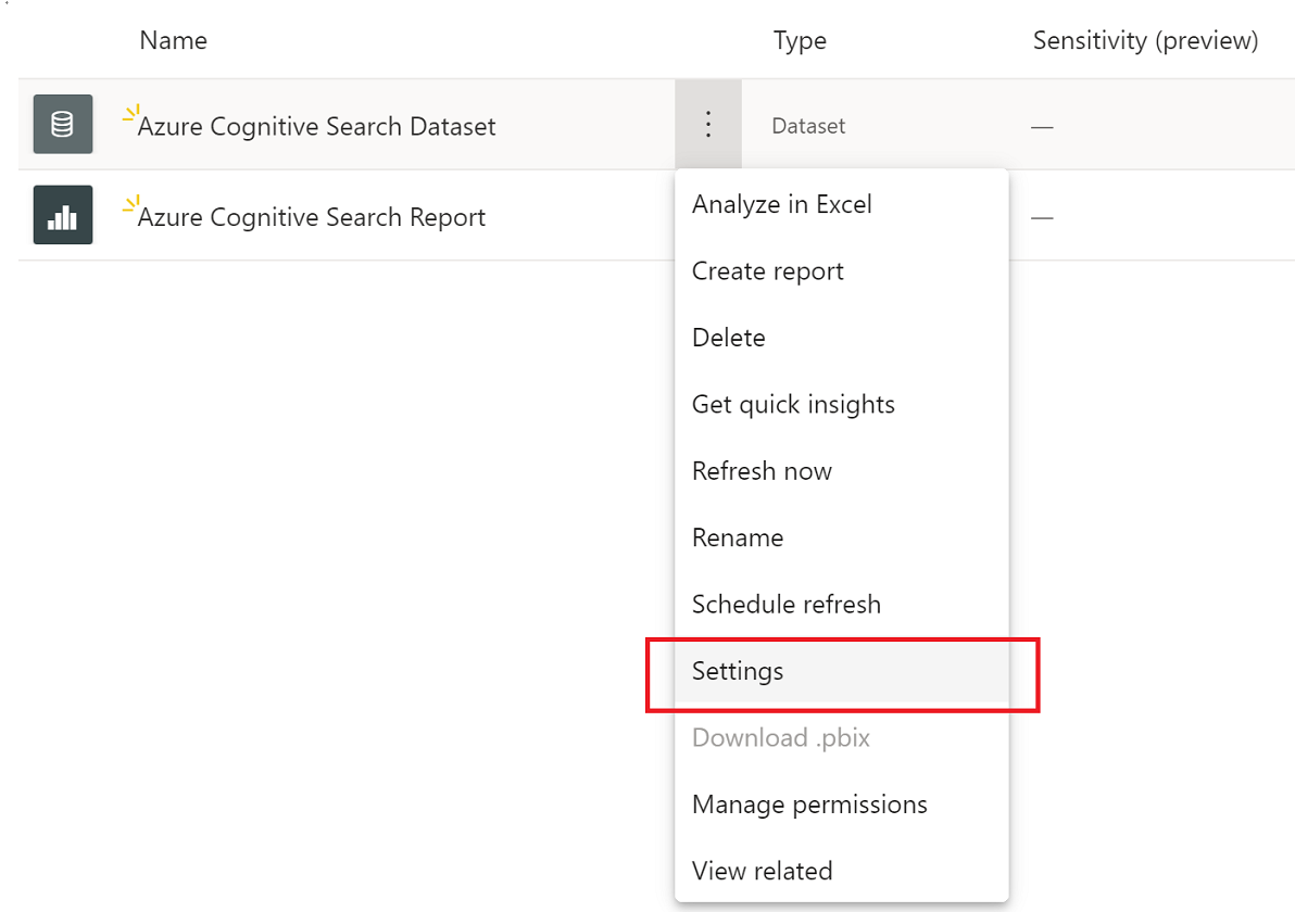 Screenshot showing how to select Settings from the Azure Cognitive Search Dataset options.