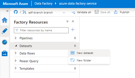 Screenshot showing how to choose a new dataset in Azure Data Factory for Snowflake.