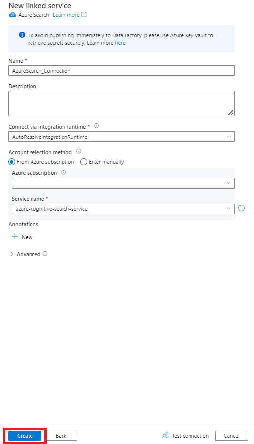 Screenshot showing how to choose New Linked Search Service in Azure Data Factory with its properties to import from Snowflake.