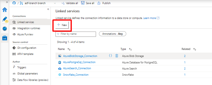Screenshot showing how to choose New Linked Service in Azure Data Factory.
