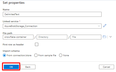Screenshot showing how to configure properties for storage dataset for Snowflake in Azure Data Factory.