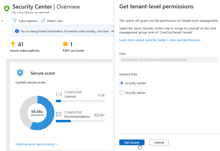 Form for defining the tenant-level permissions to be assigned to your user.