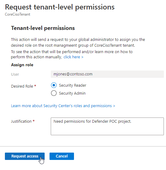 Details page for requesting tenant-wide permissions from your Azure global administrator.
