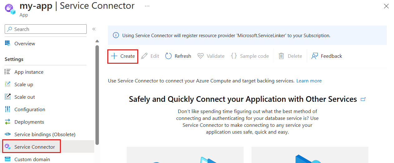 Screenshot of the Azure portal, selecting the button to create a connection.