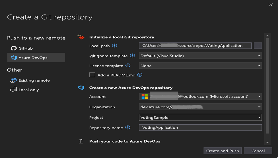 Screenshot of creating new Git repository.