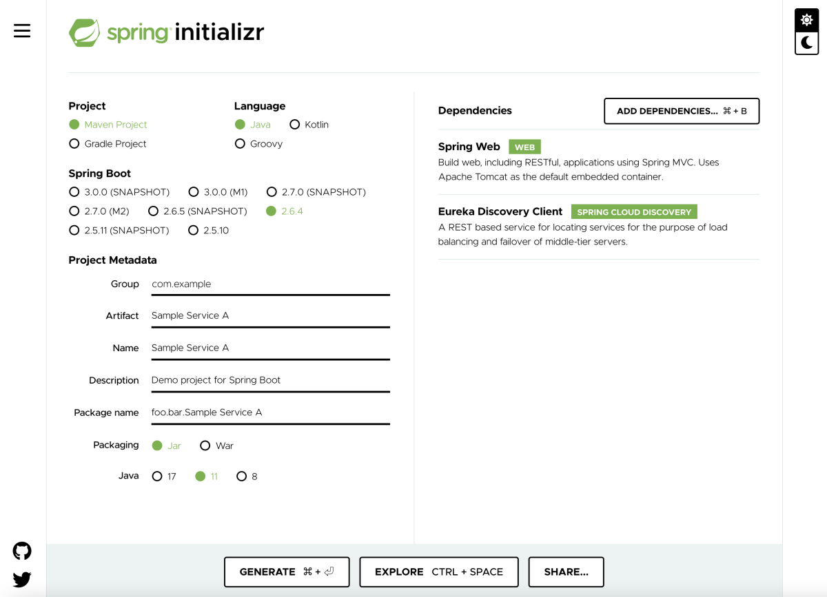 Screenshot of the Spring Initializr page that shows the required settings.