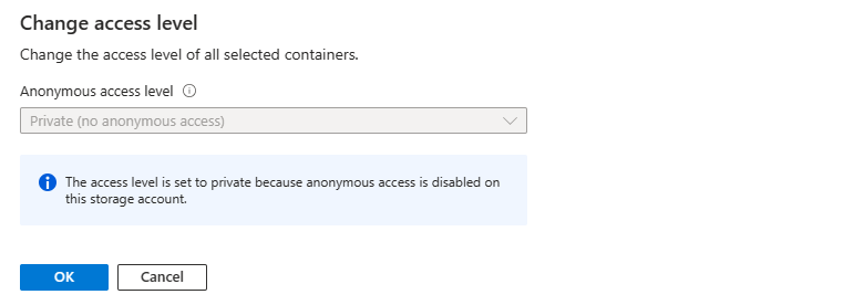 Screenshot showing that setting a container's anonymous access level is blocked when anonymous access disallowed for the account