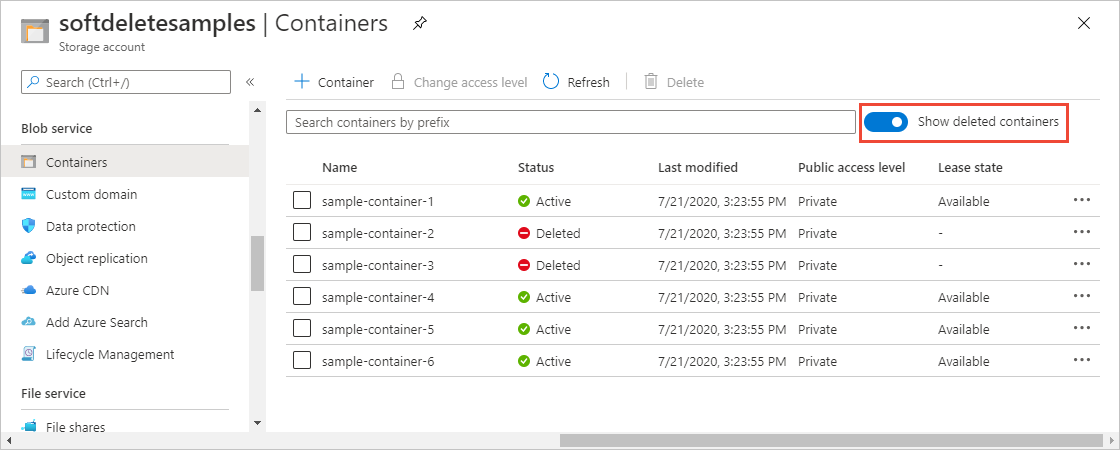 Screenshot showing how to view soft-deleted containers in the Azure portal.