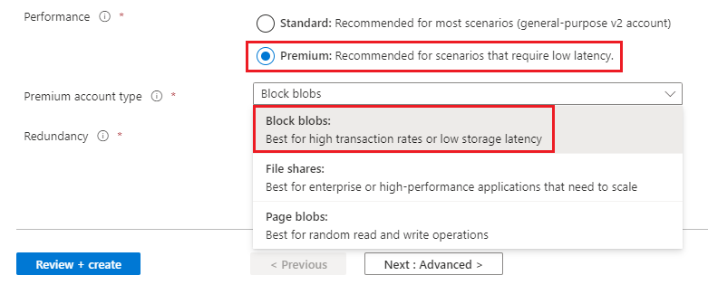 Create block blob storage account