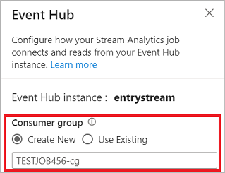 Screenshot that shows consumer group selection while setting up an event hub.