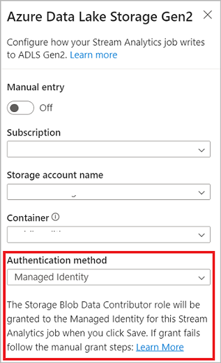 Screenshot that shows selecting managed identity as the authentication method for Azure Data Lake Storage Gen2
